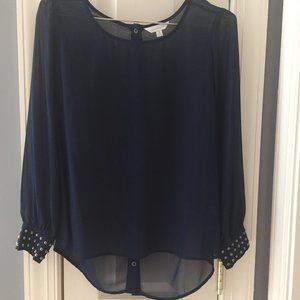 Blue Embellished cuff back button detail blouse